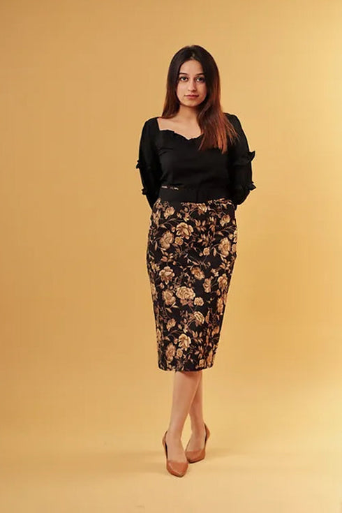 Black An Gold Print Skirt With Top